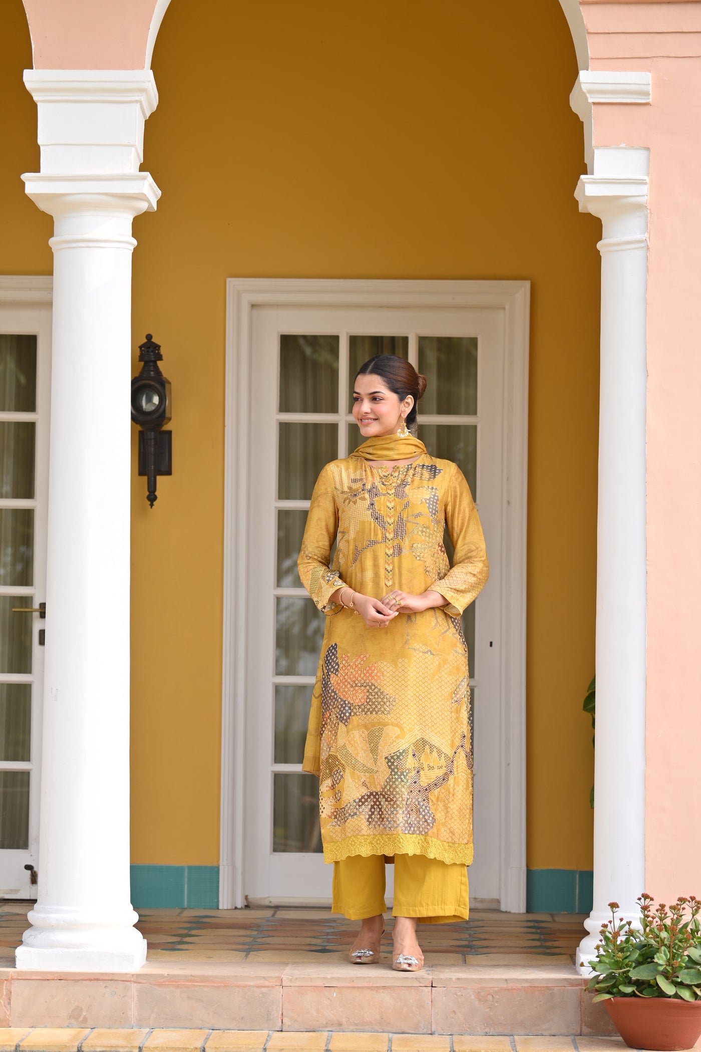 Yellow Bandhani Fagun Pure Muslin Suit Set with Thredle and Yellow Pearl Work