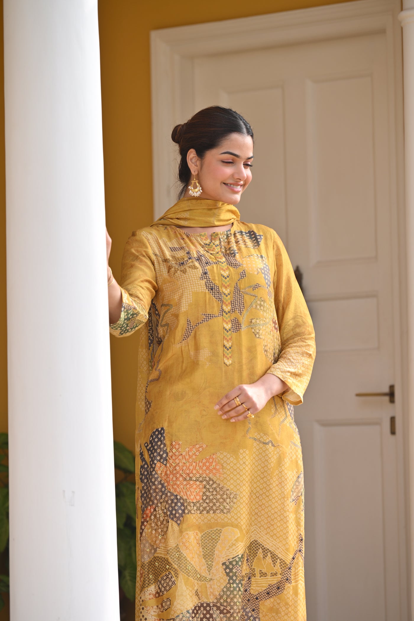 Yellow Bandhani Fagun Pure Muslin Suit Set with Thredle and Yellow Pearl Work