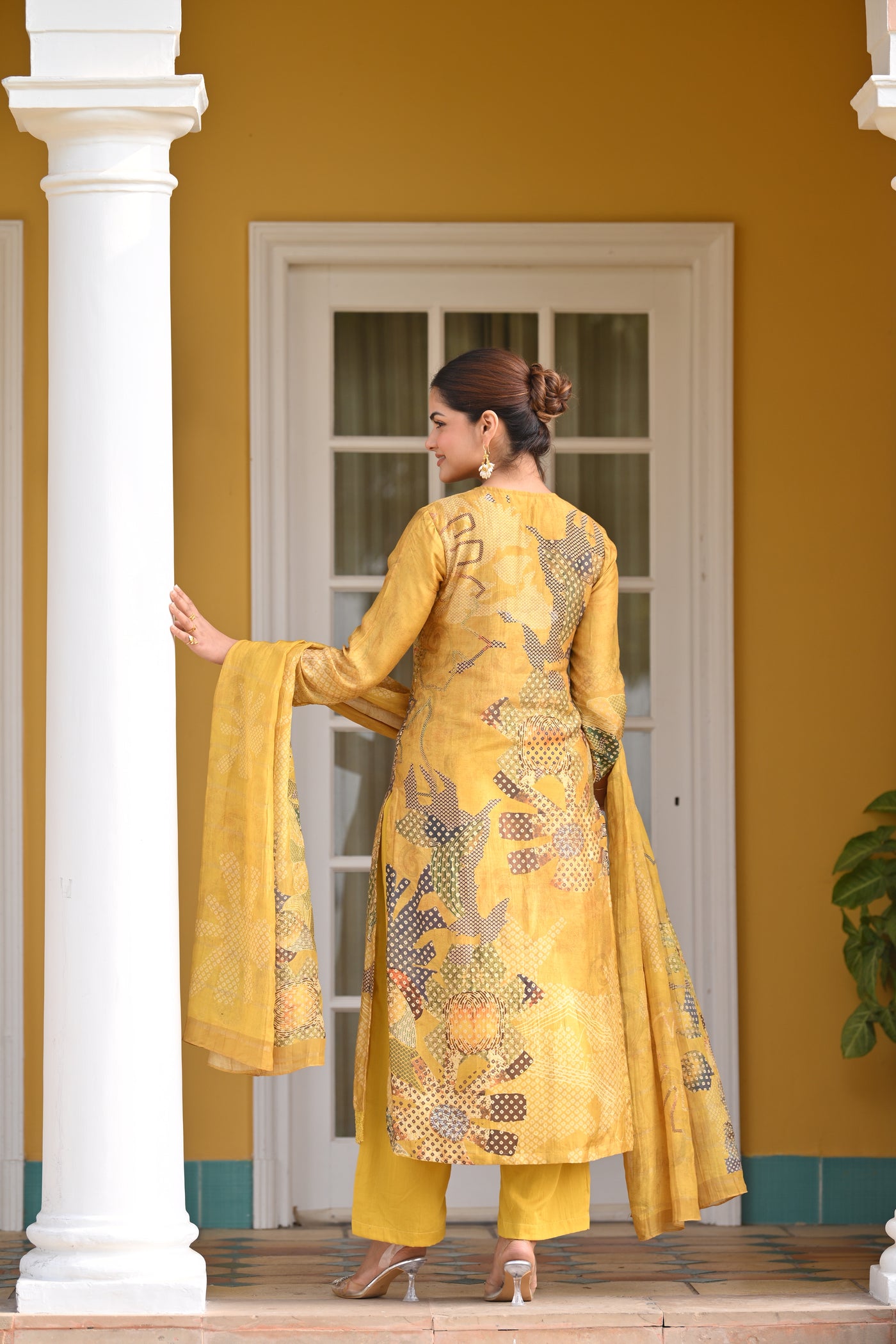 Yellow Bandhani Fagun Pure Muslin Suit Set with Thredle and Yellow Pearl Work