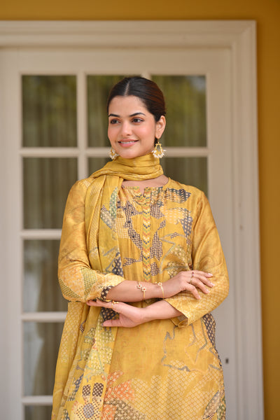 Yellow Bandhani Fagun Pure Muslin Suit Set with Thredle and Yellow Pearl Work