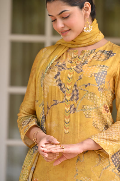 Yellow Bandhani Fagun Pure Muslin Suit Set with Thredle and Yellow Pearl Work