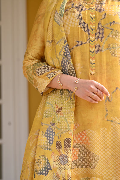 Yellow Bandhani Fagun Pure Muslin Suit Set with Thredle and Yellow Pearl Work