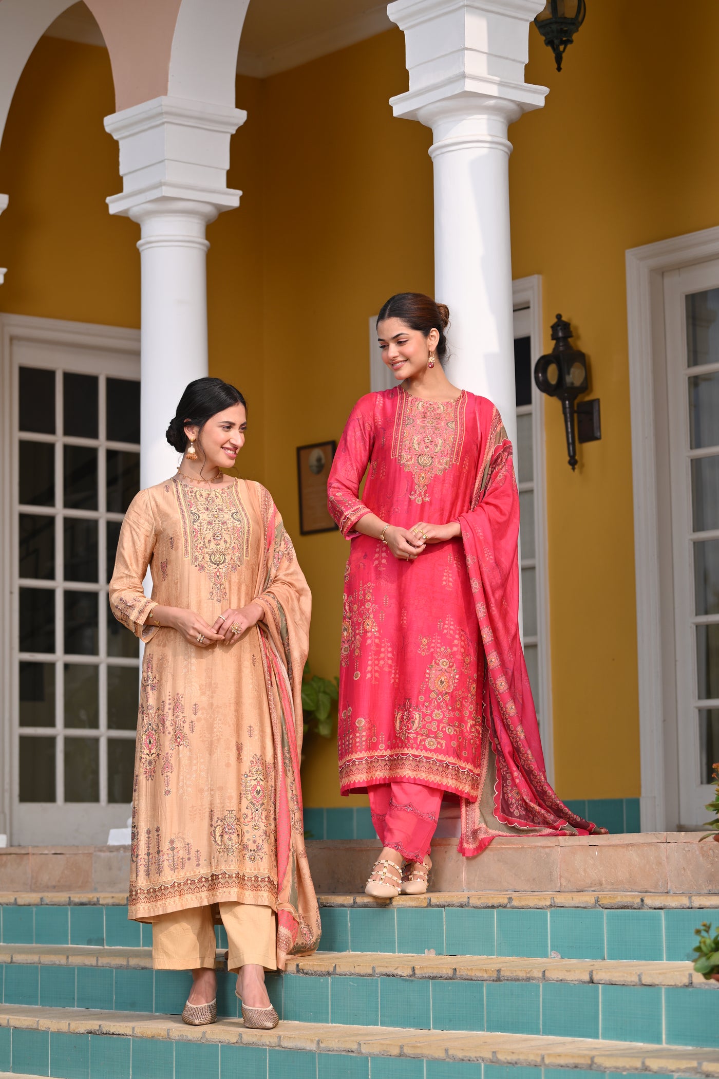 Deep Fuschia Pink Fagun Scallope Work Muslin Suit Set