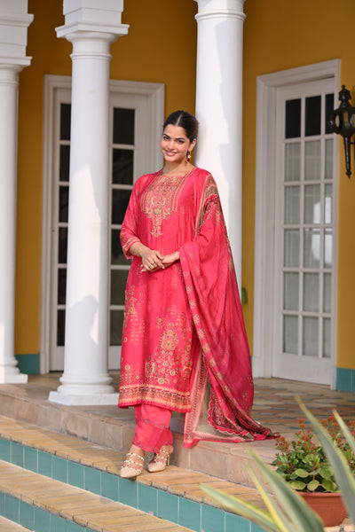 Deep Fuschia Pink Fagun Scallope Work Muslin Suit Set