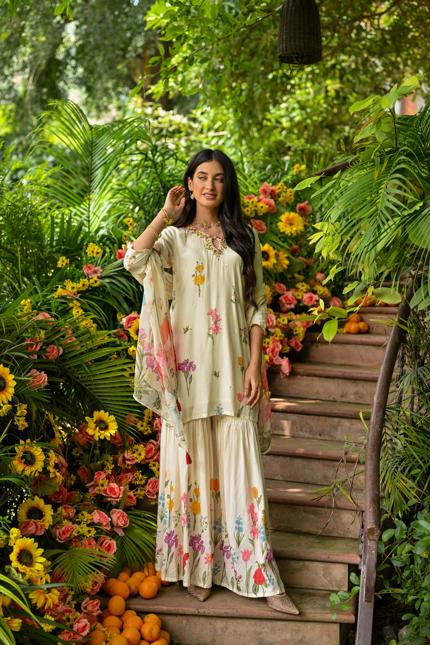 Off White Utsav Floral Print Muslin Sharara Set with Pearl Work