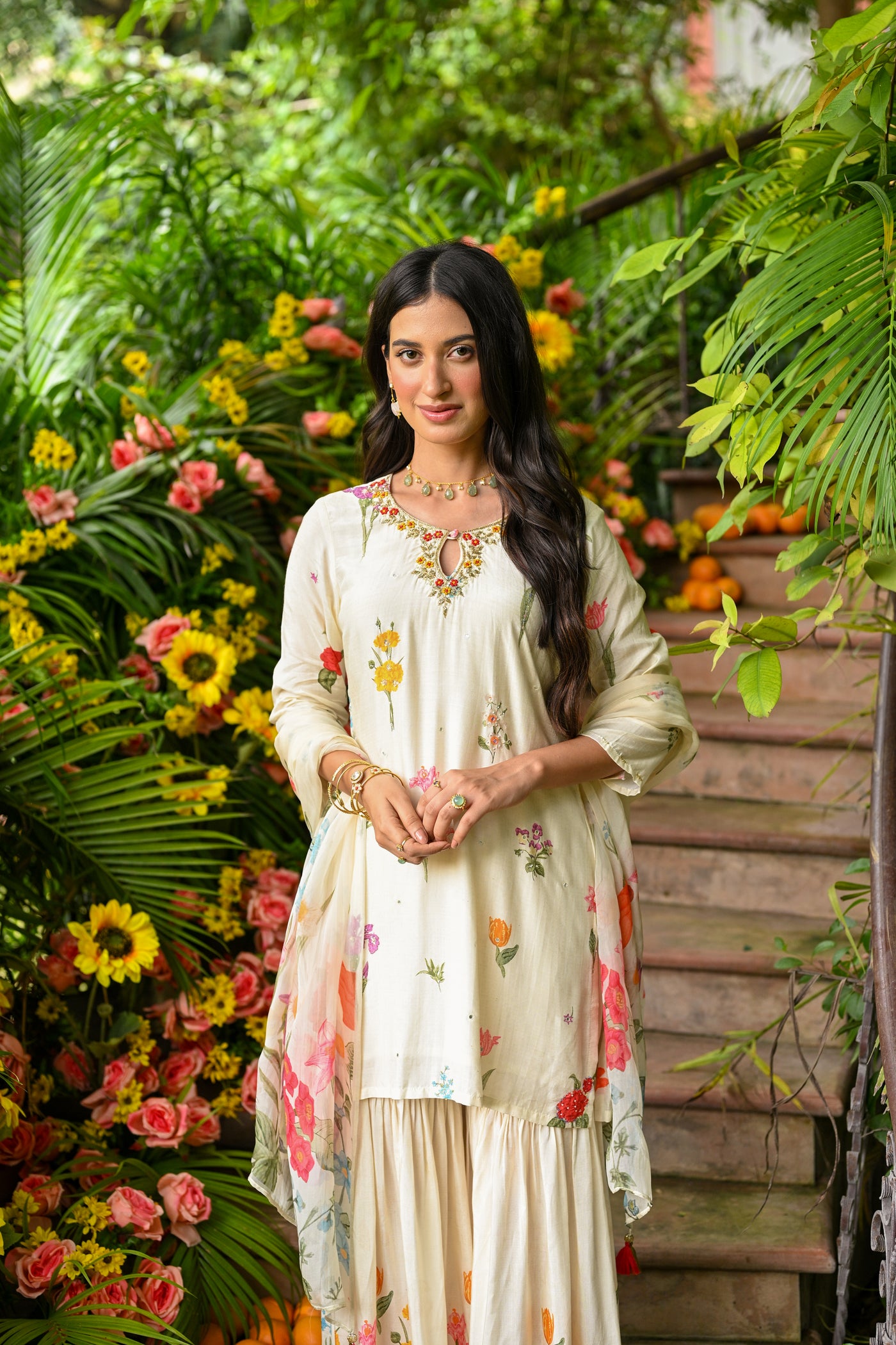 Off White Utsav Floral Print Muslin Sharara Set with Pearl Work