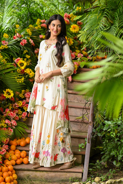 Off White Utsav Floral Print Muslin Sharara Set with Pearl Work