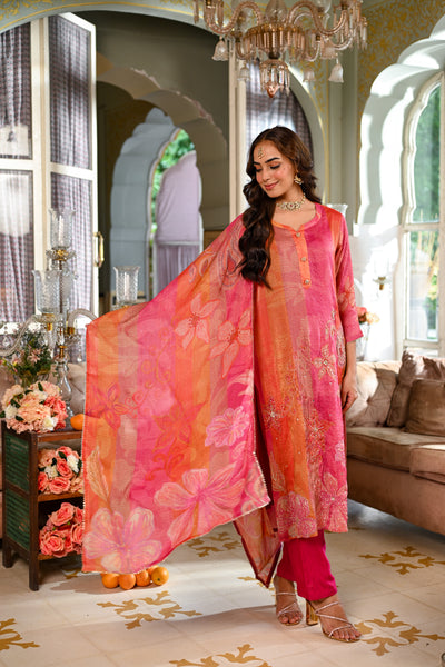 Pink Floral print Suit Set with Sequin , Mirror and Zari work