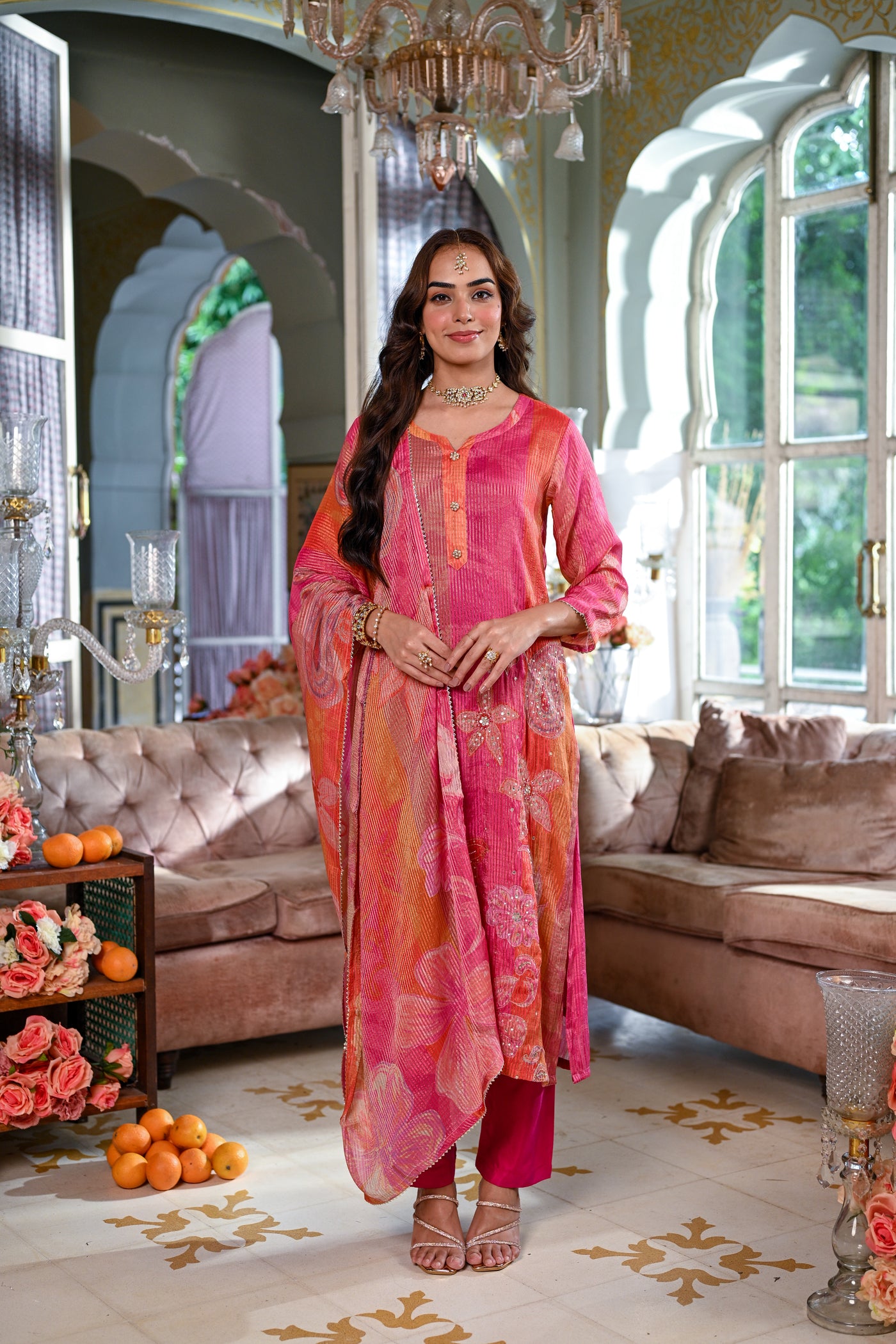 Pink Floral print Suit Set with Sequin , Mirror and Zari work