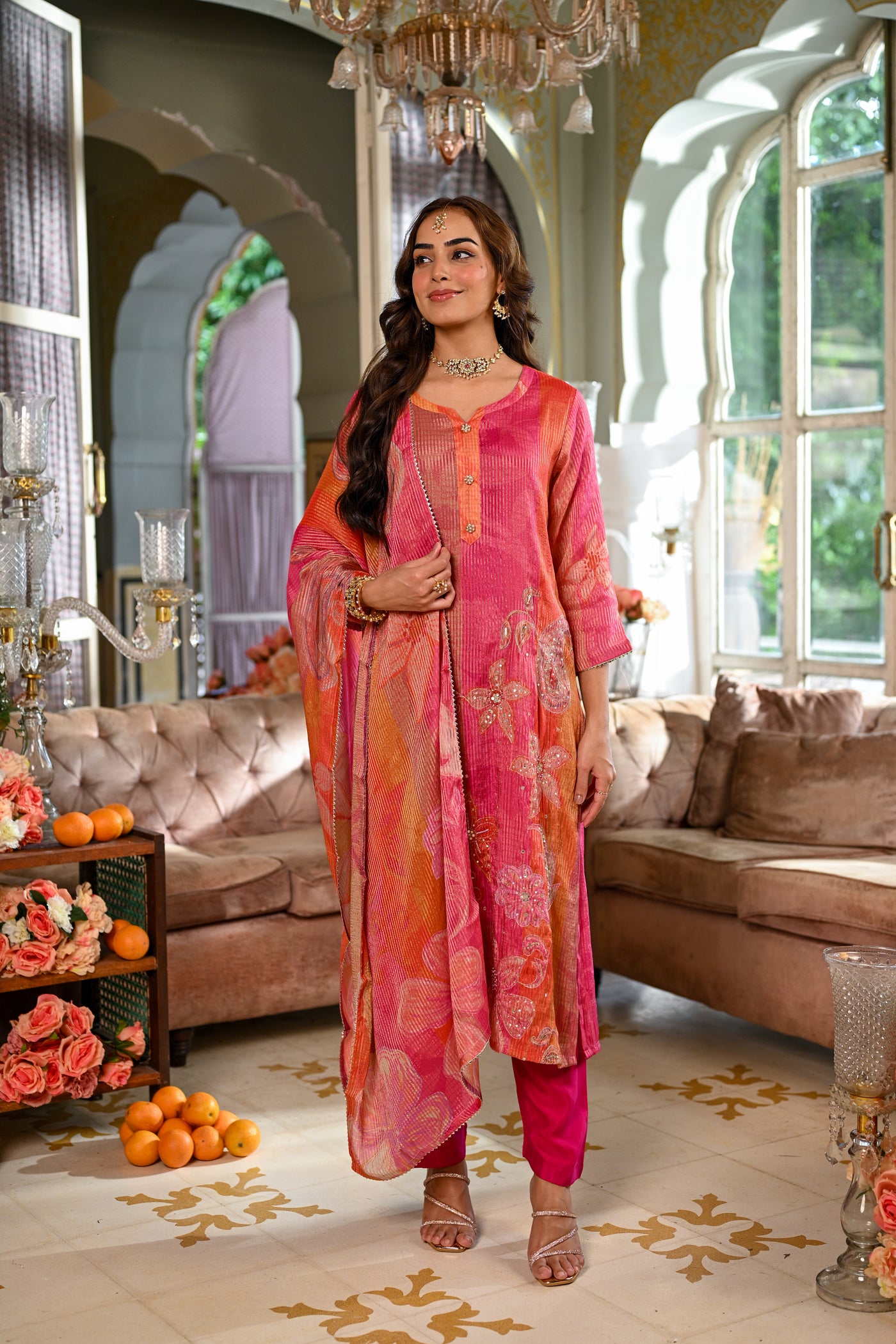 Pink Floral print Suit Set with Sequin , Mirror and Zari work