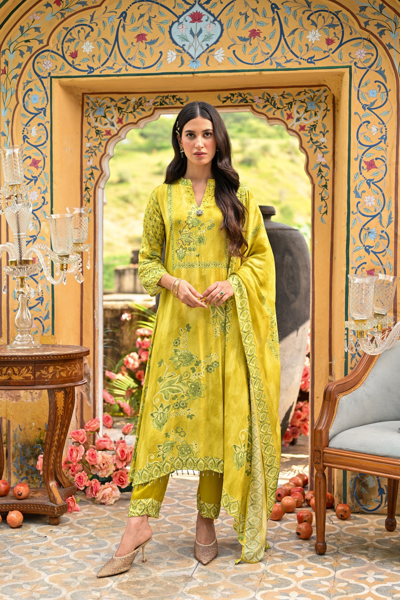 Yellow Utsav Placement Print Anarkali Suit Set with Thread Work and Tassels