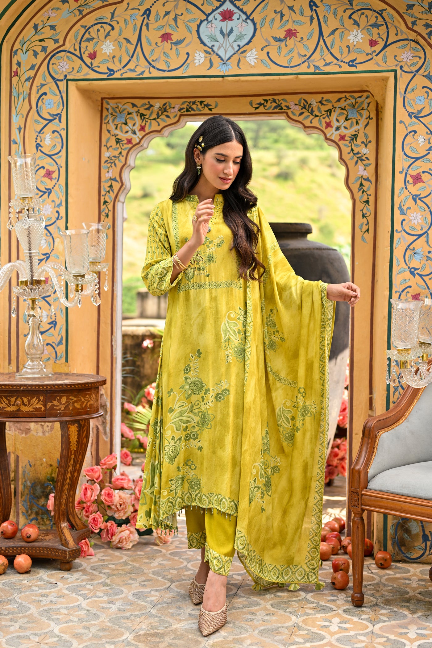 Yellow Utsav Placement Print Anarkali Suit Set with Thread Work and Tassels