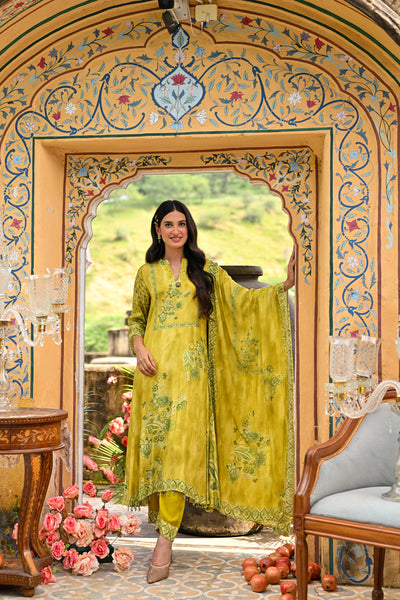 Yellow Utsav Placement Print Anarkali Suit Set with Thread Work and Tassels