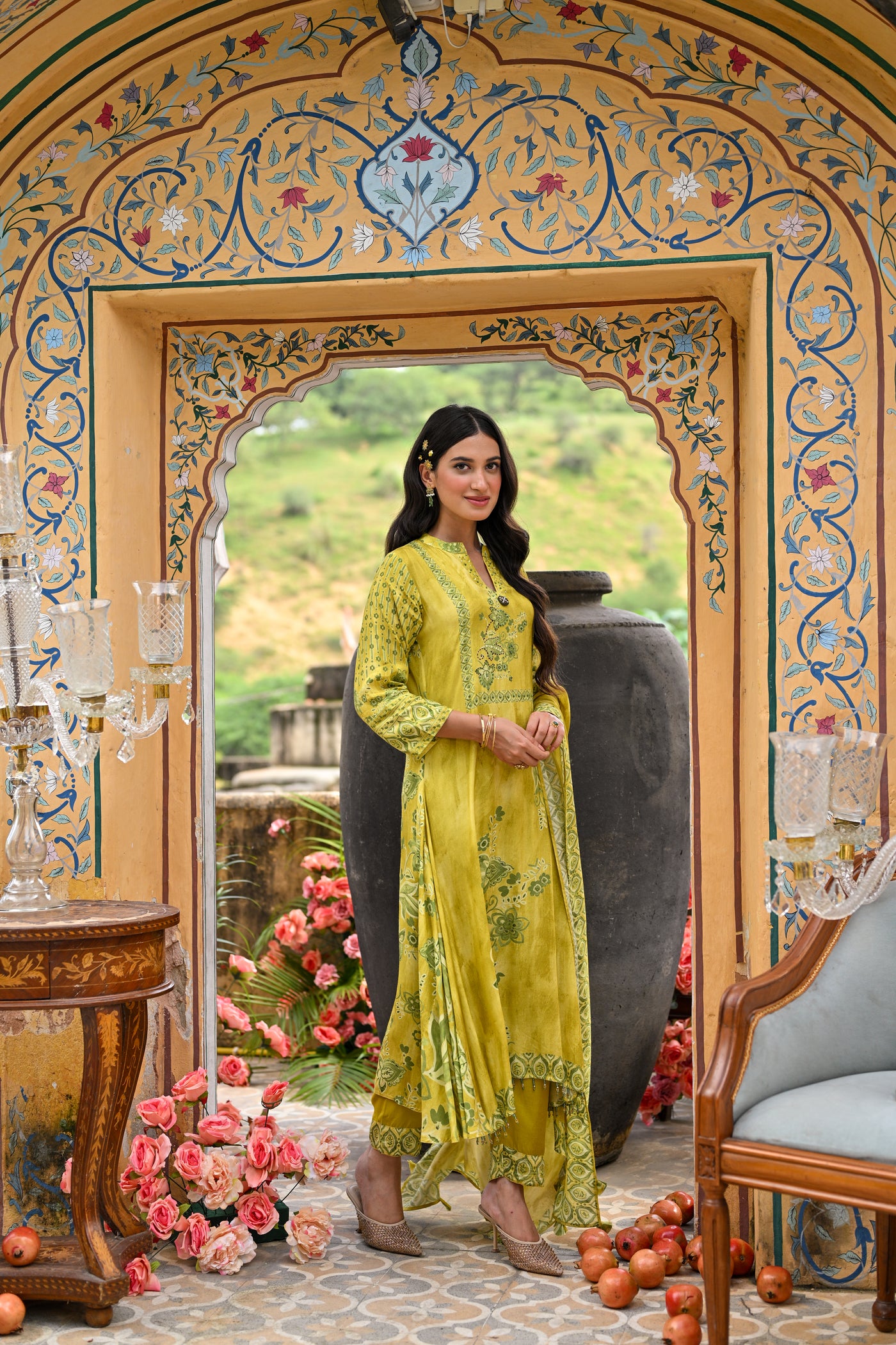 Yellow Utsav Placement Print Anarkali Suit Set with Thread Work and Tassels