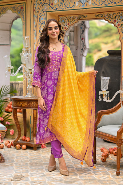 Purple and Yellow Bandhani Utsav Muslin Suit Set with Gota Work