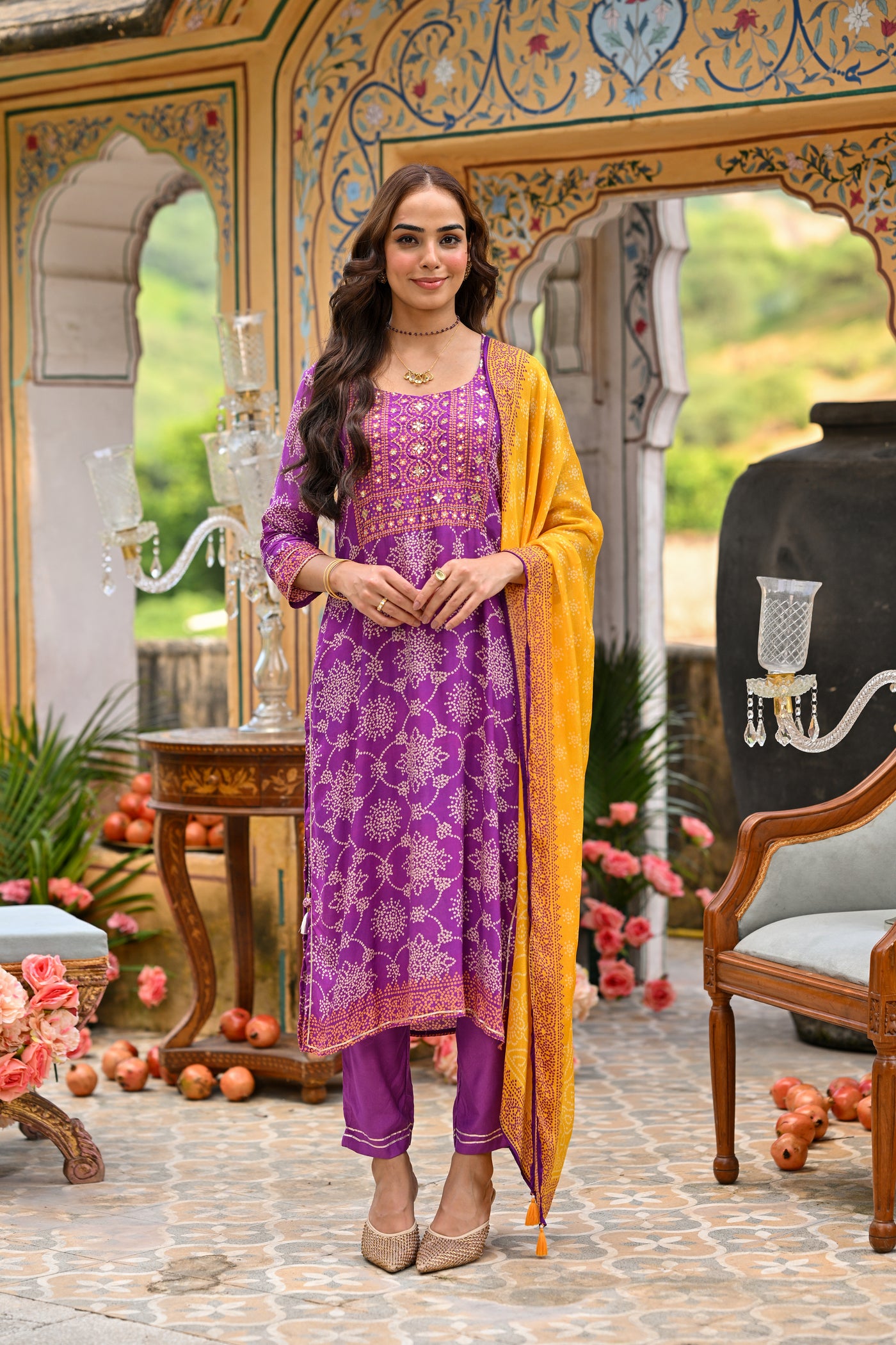 Purple and Yellow Bandhani Utsav Muslin Suit Set with Gota Work