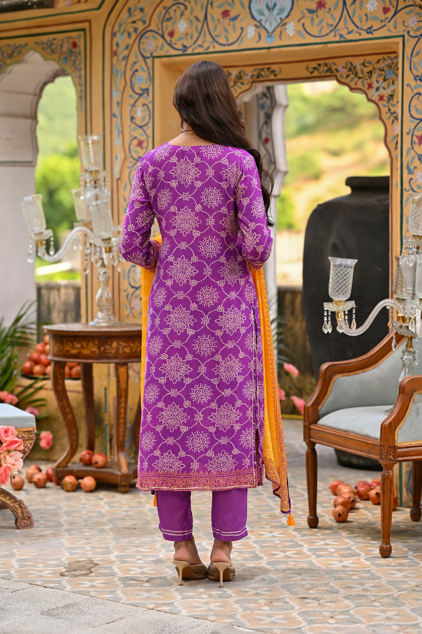 Purple and Yellow Bandhani Utsav Muslin Suit Set with Gota Work