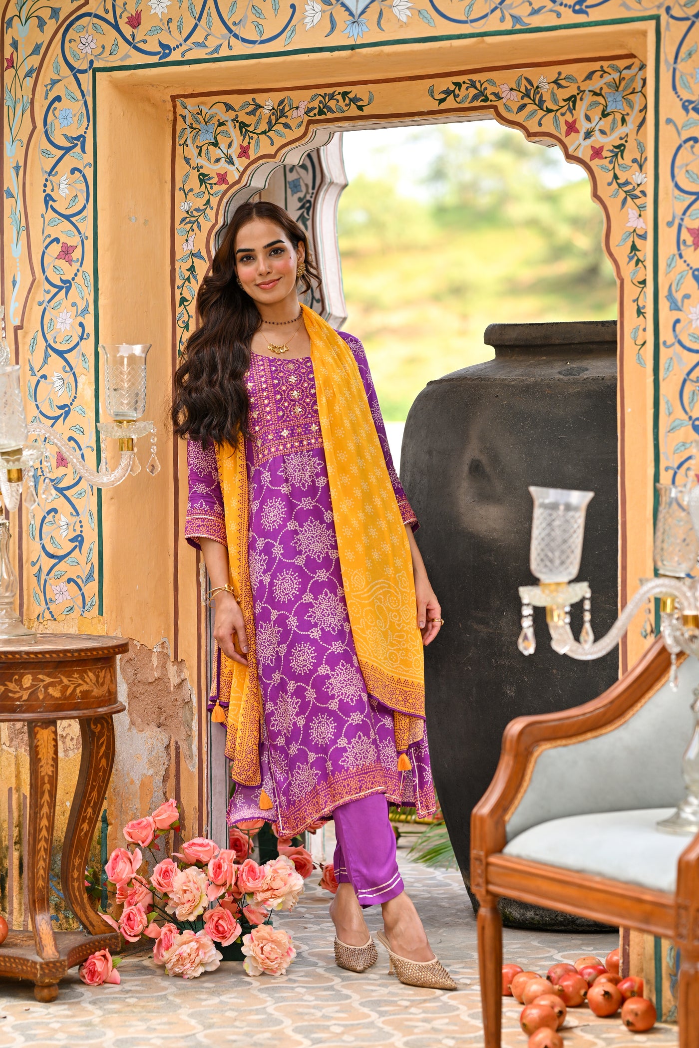 Purple and Yellow Bandhani Utsav Muslin Suit Set with Gota Work