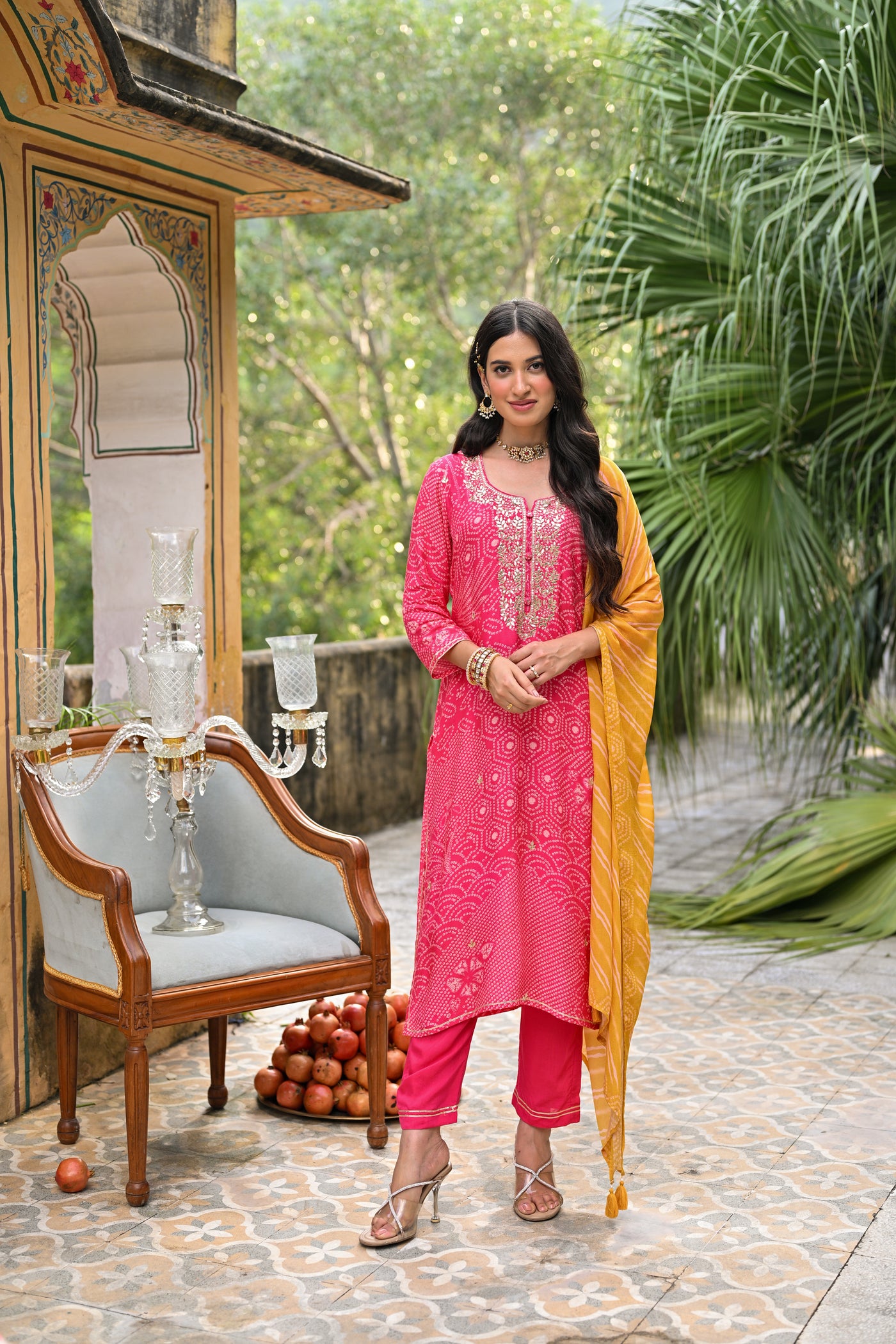 Pink and Yellow Bandhani Utsav Muslin Suit Set with Gota Work