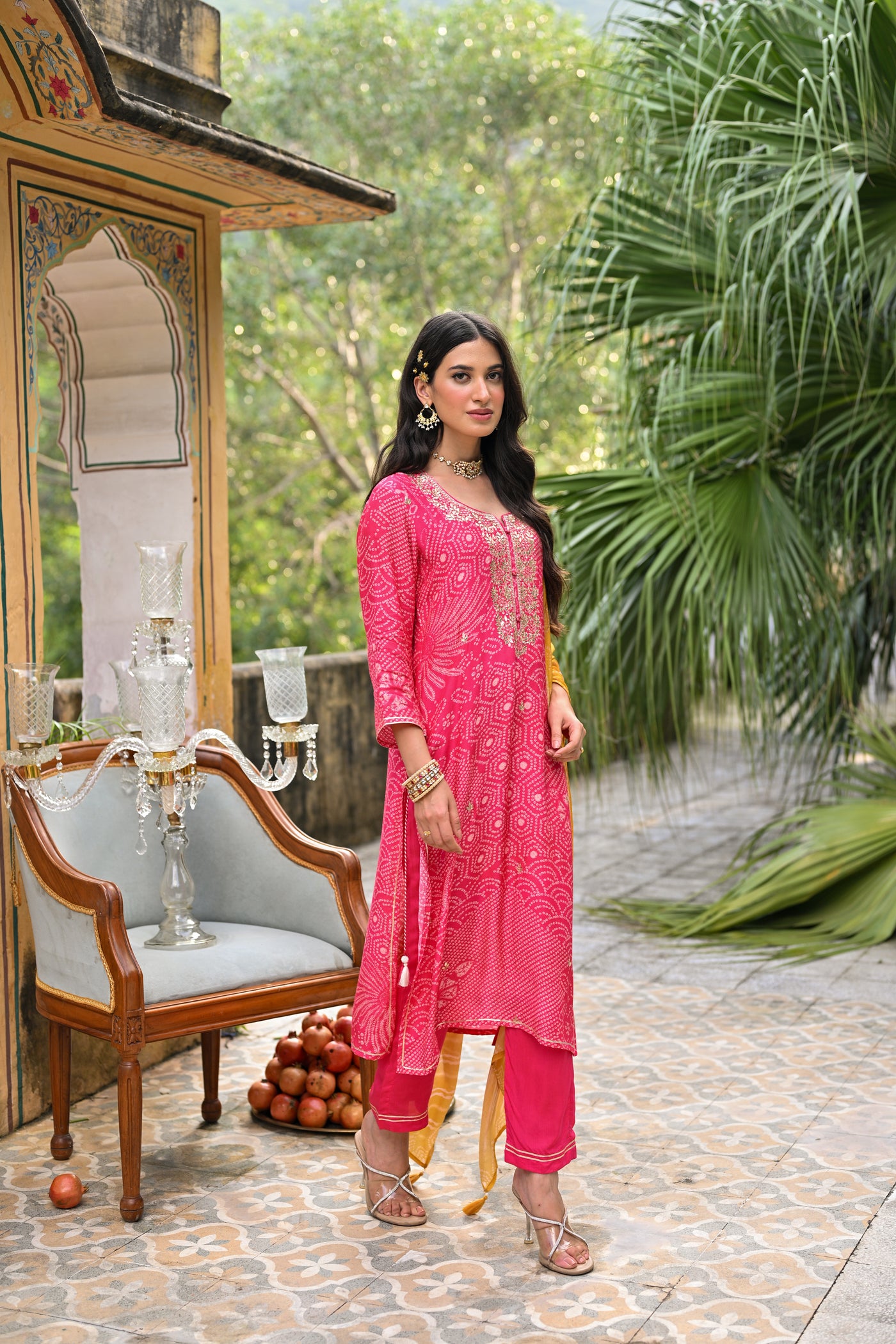 Pink and Yellow Bandhani Utsav Muslin Suit Set with Gota Work