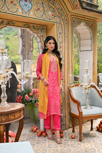 Pink and Yellow Bandhani Utsav Muslin Suit Set with Gota Work