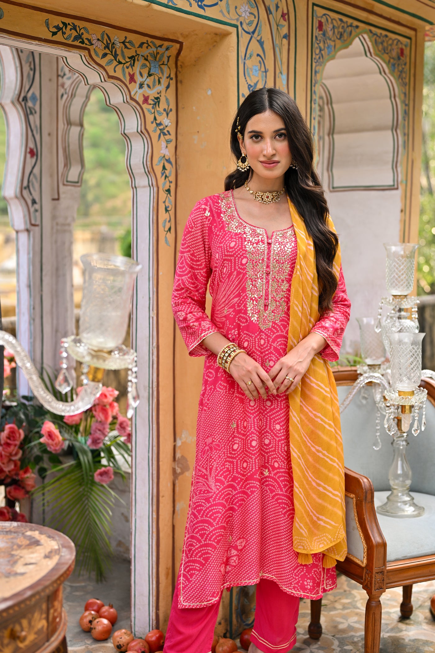 Pink and Yellow Bandhani Utsav Muslin Suit Set with Gota Work