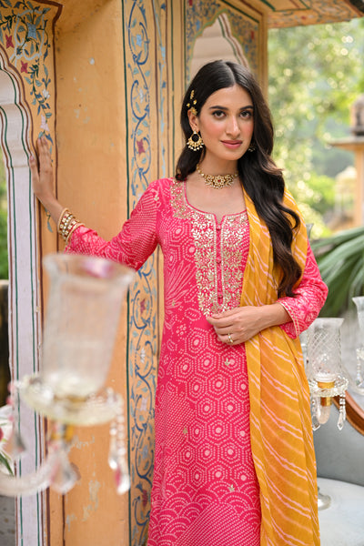 Pink and Yellow Bandhani Utsav Muslin Suit Set with Gota Work