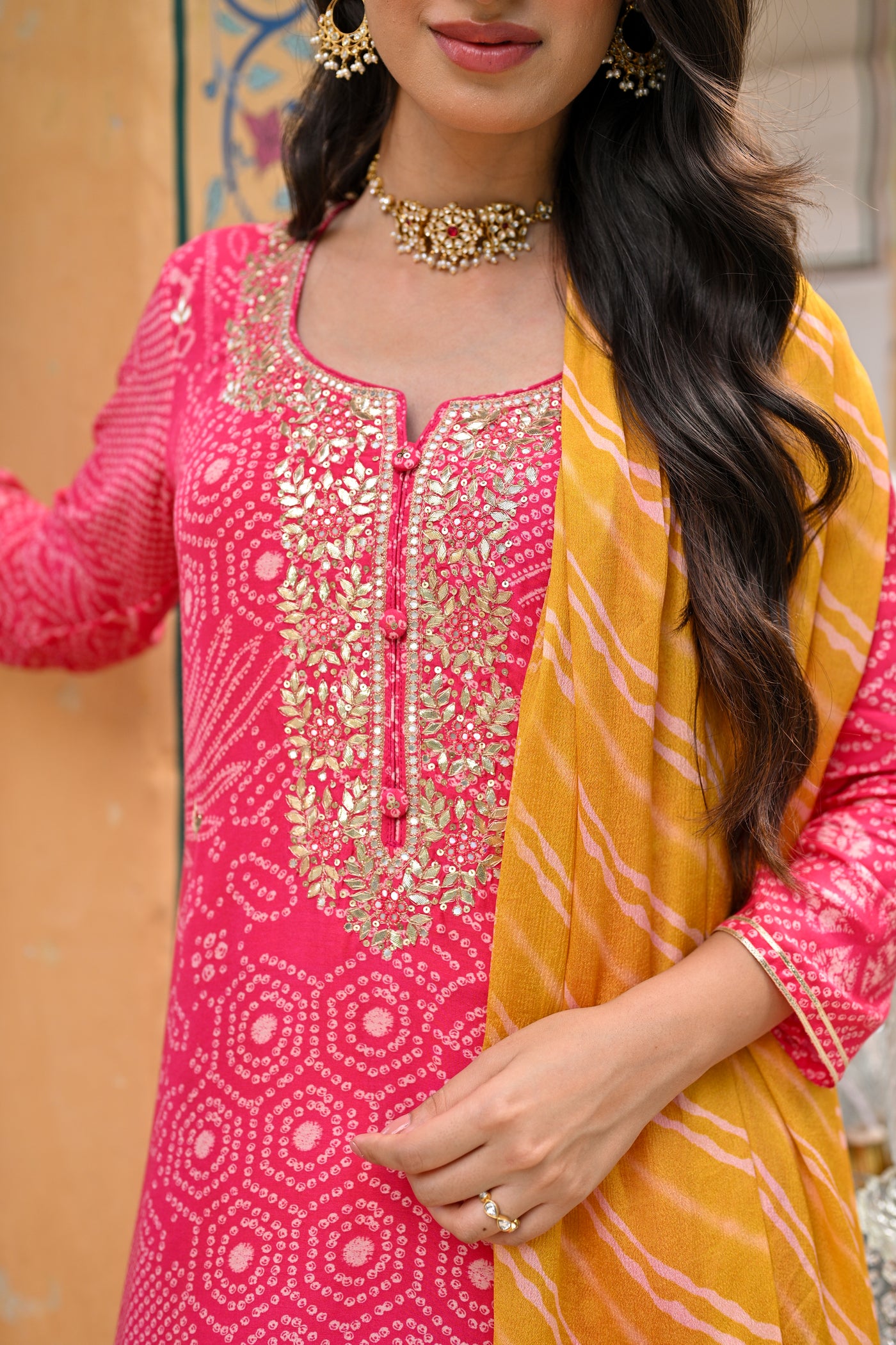 Pink and Yellow Bandhani Utsav Muslin Suit Set with Gota Work