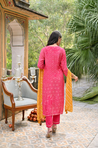 Pink and Yellow Bandhani Utsav Muslin Suit Set with Gota Work