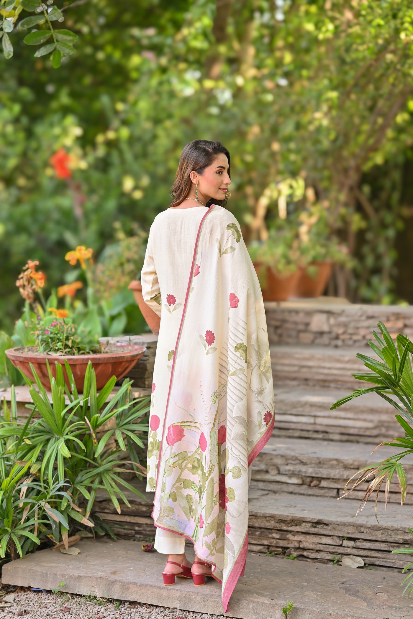 Handloom Cotton Floral Print Suit Set with Lace