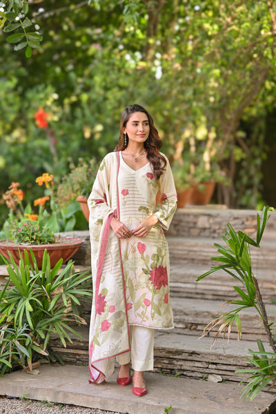 Handloom Cotton Floral Print Suit Set with Lace