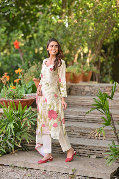 Handloom Cotton Floral Print Suit Set with Lace