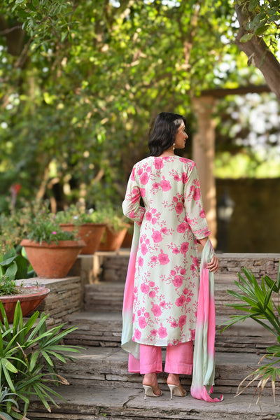 Pastel Pink and Green Muslin Suit Set with Shaded Chiffon Dupatta