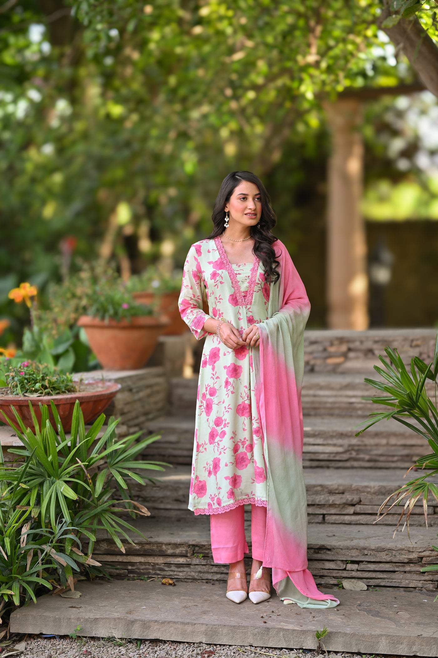 Pastel Pink and Green Muslin Suit Set with Shaded Chiffon Dupatta