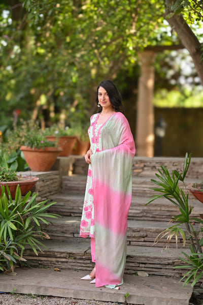 Pastel Pink and Green Muslin Suit Set with Shaded Chiffon Dupatta