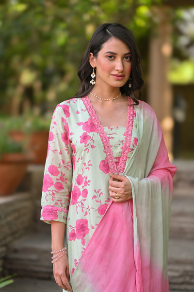 Pastel Pink and Green Muslin Suit Set with Shaded Chiffon Dupatta