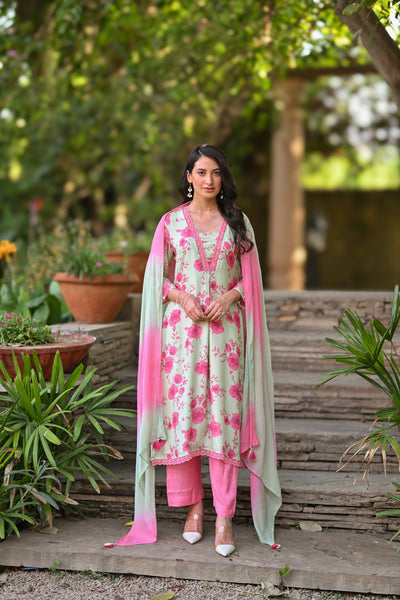 Pastel Pink and Green Muslin Suit Set with Shaded Chiffon Dupatta