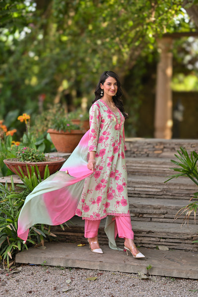 Pastel Pink and Green Muslin Suit Set with Shaded Chiffon Dupatta