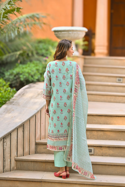 Blue Daman Block Print Chanderi Suit Set