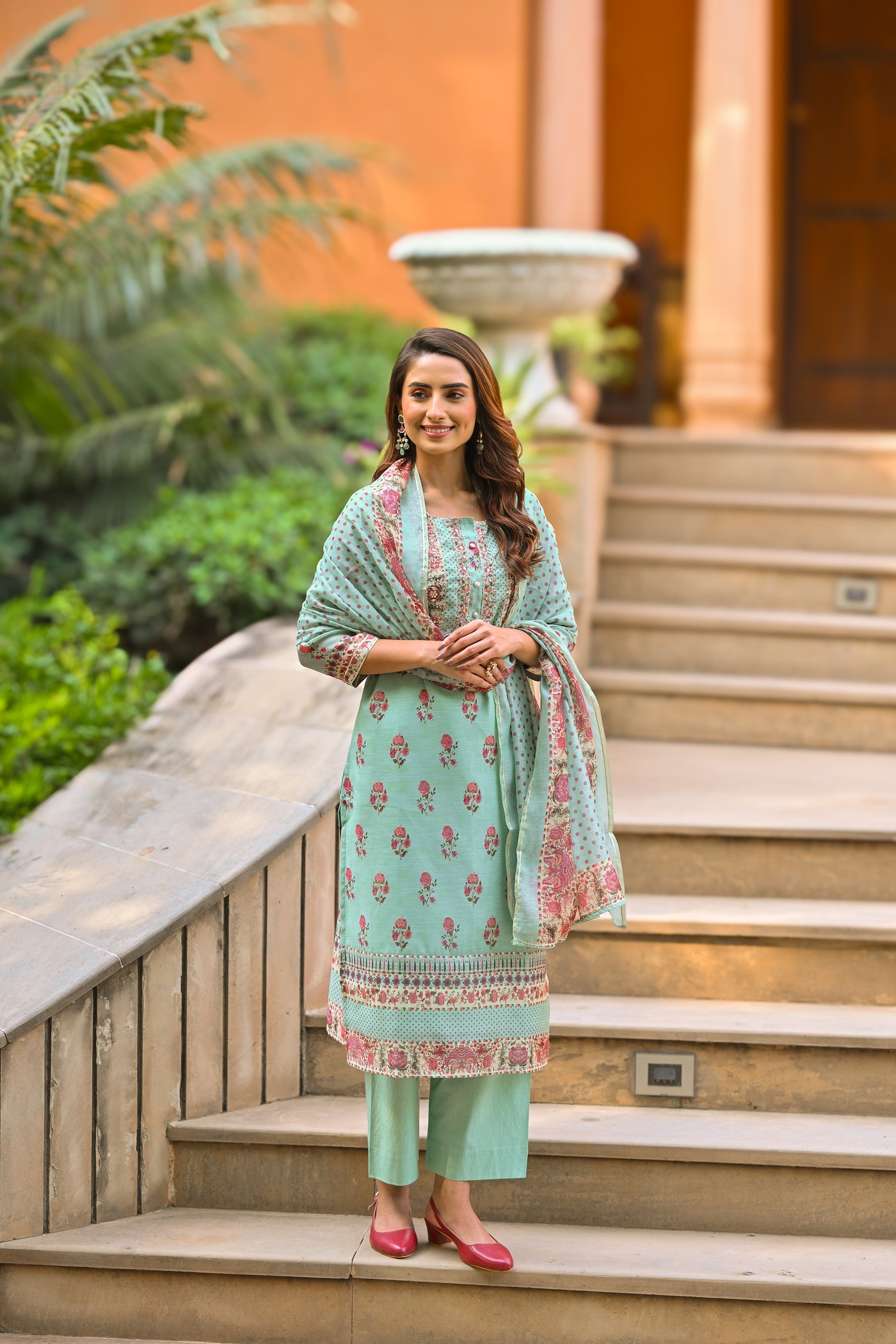 Blue Daman Block Print Chanderi Suit Set