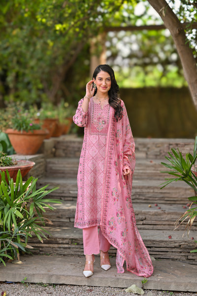 Pink Daman Block Print Chanderi Suit Set