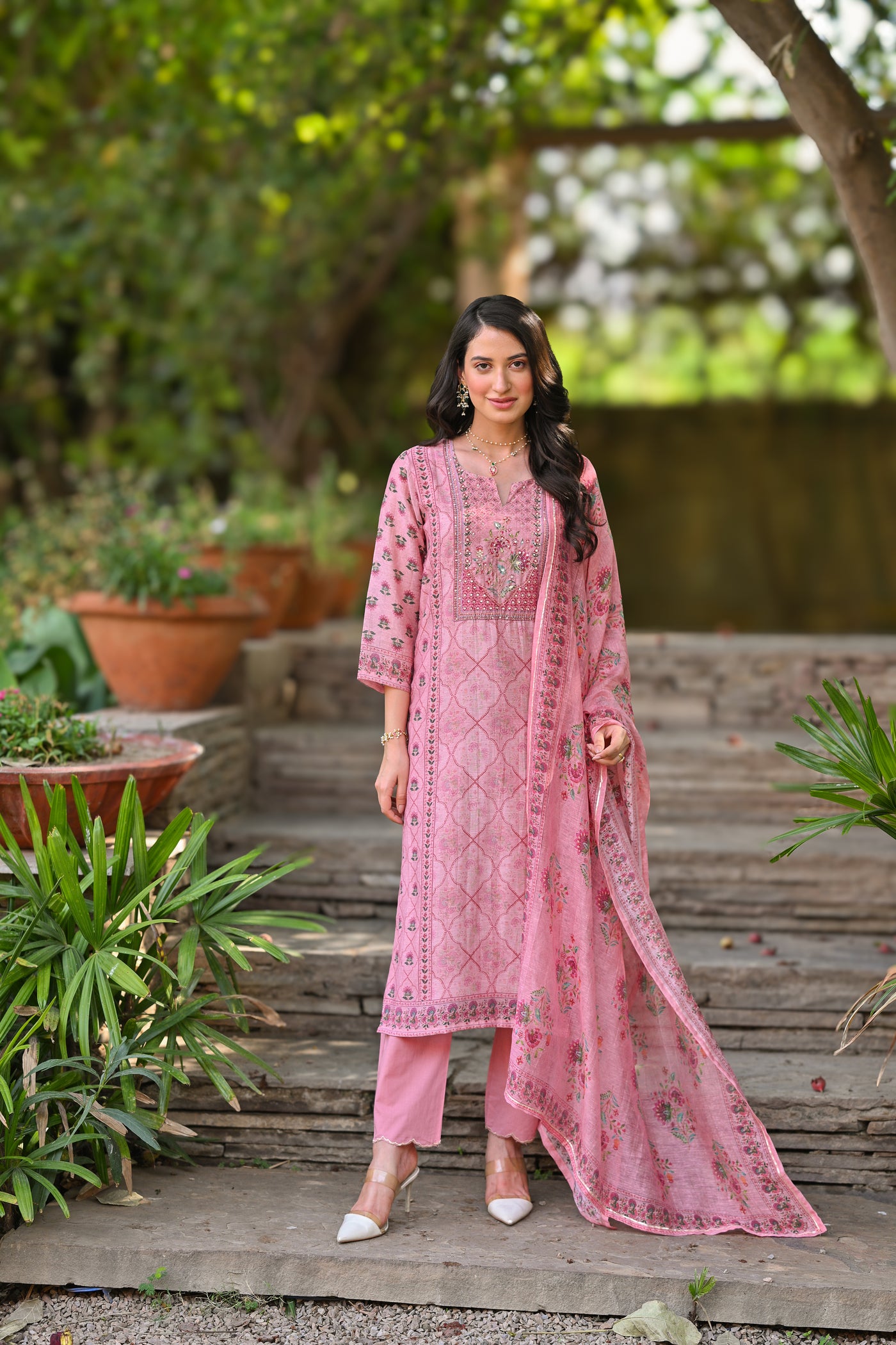 Pink Daman Block Print Chanderi Suit Set