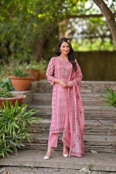 Pink Daman Block Print Chanderi Suit Set