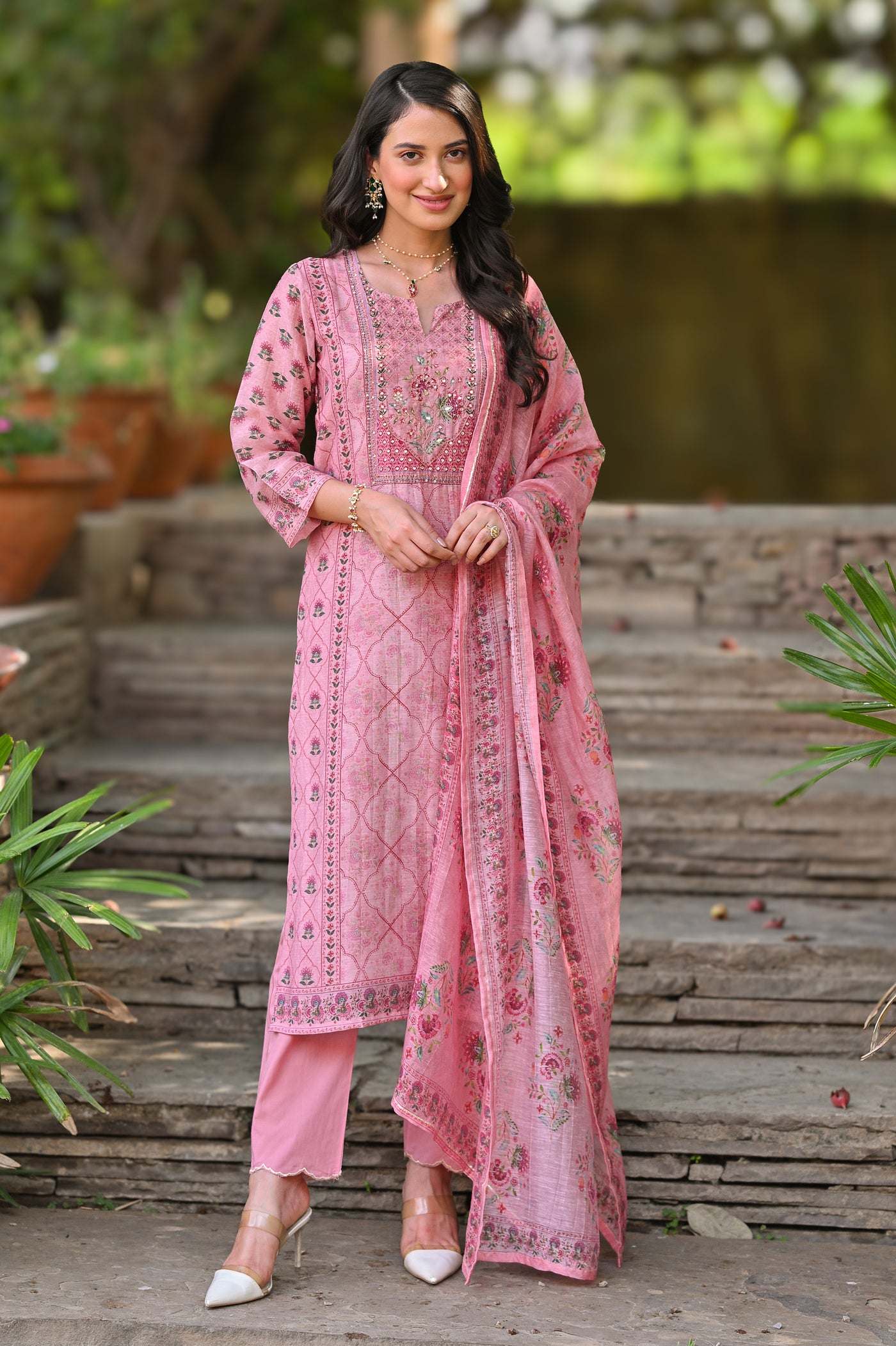 Pink Daman Block Print Chanderi Suit Set