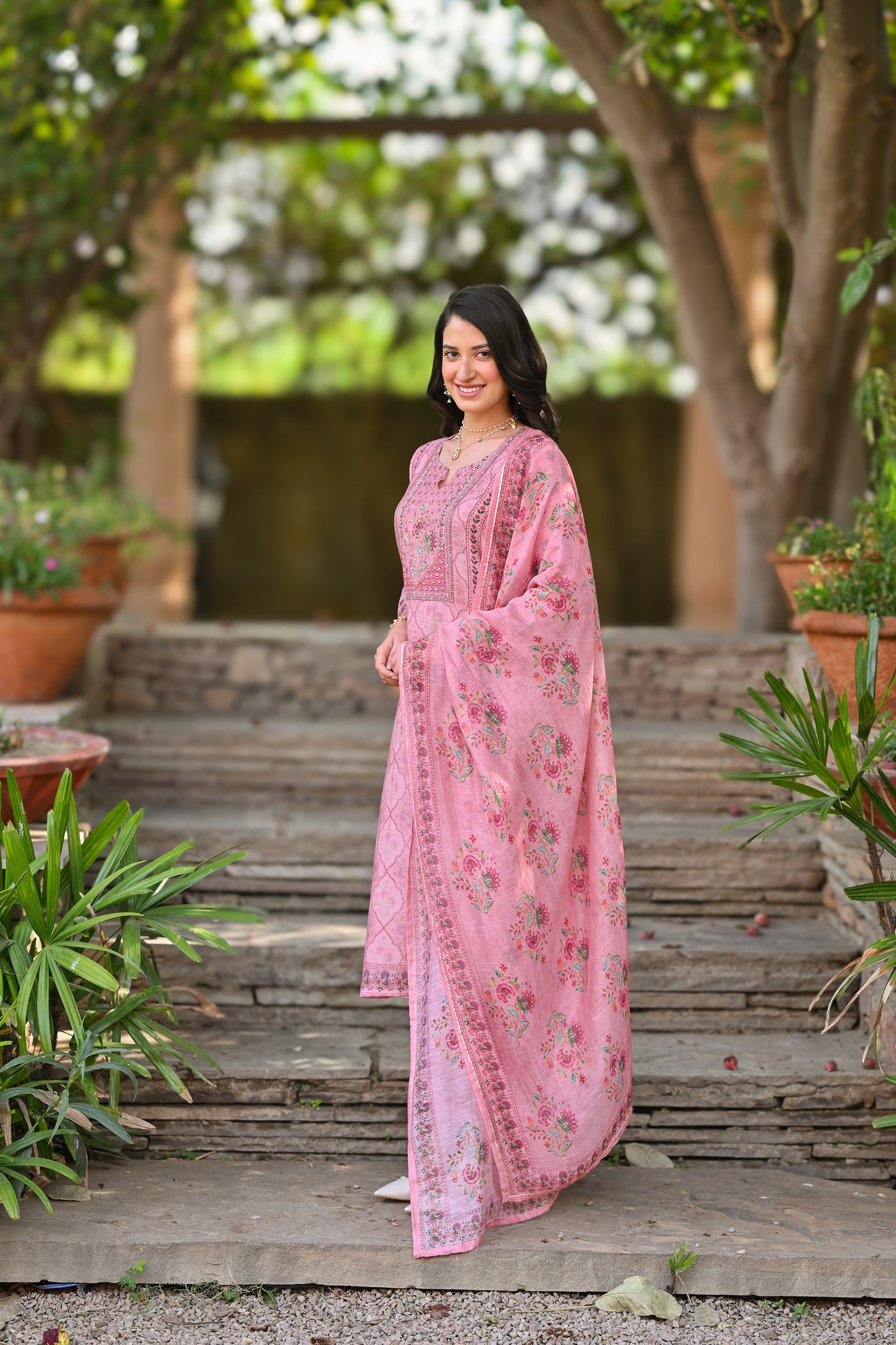 Pink Daman Block Print Chanderi Suit Set