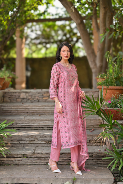 Pink Daman Block Print Chanderi Suit Set