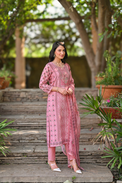 Pink Daman Block Print Chanderi Suit Set