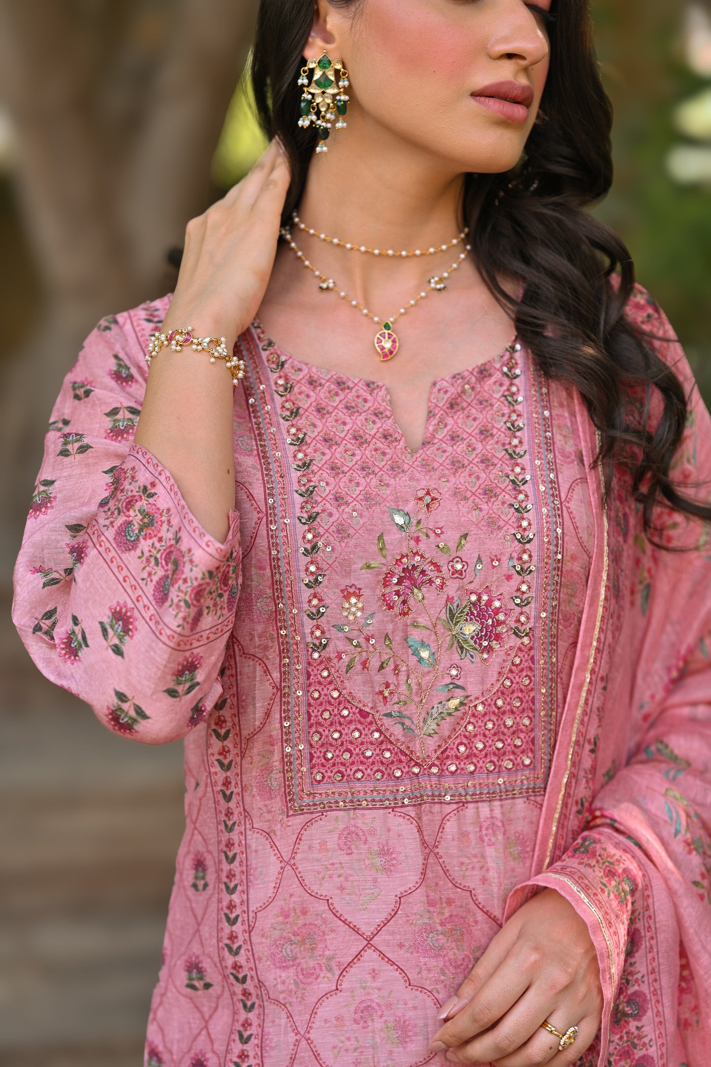 Pink Daman Block Print Chanderi Suit Set