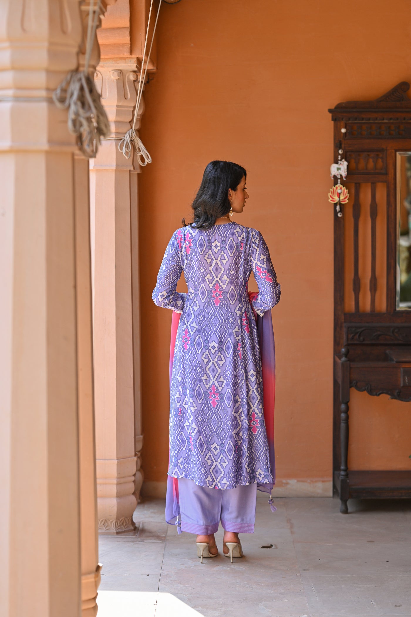 Lavender Pure Muslin Patola Print A line Suit Set with Thread Work on Neck and Shaded Dupatta