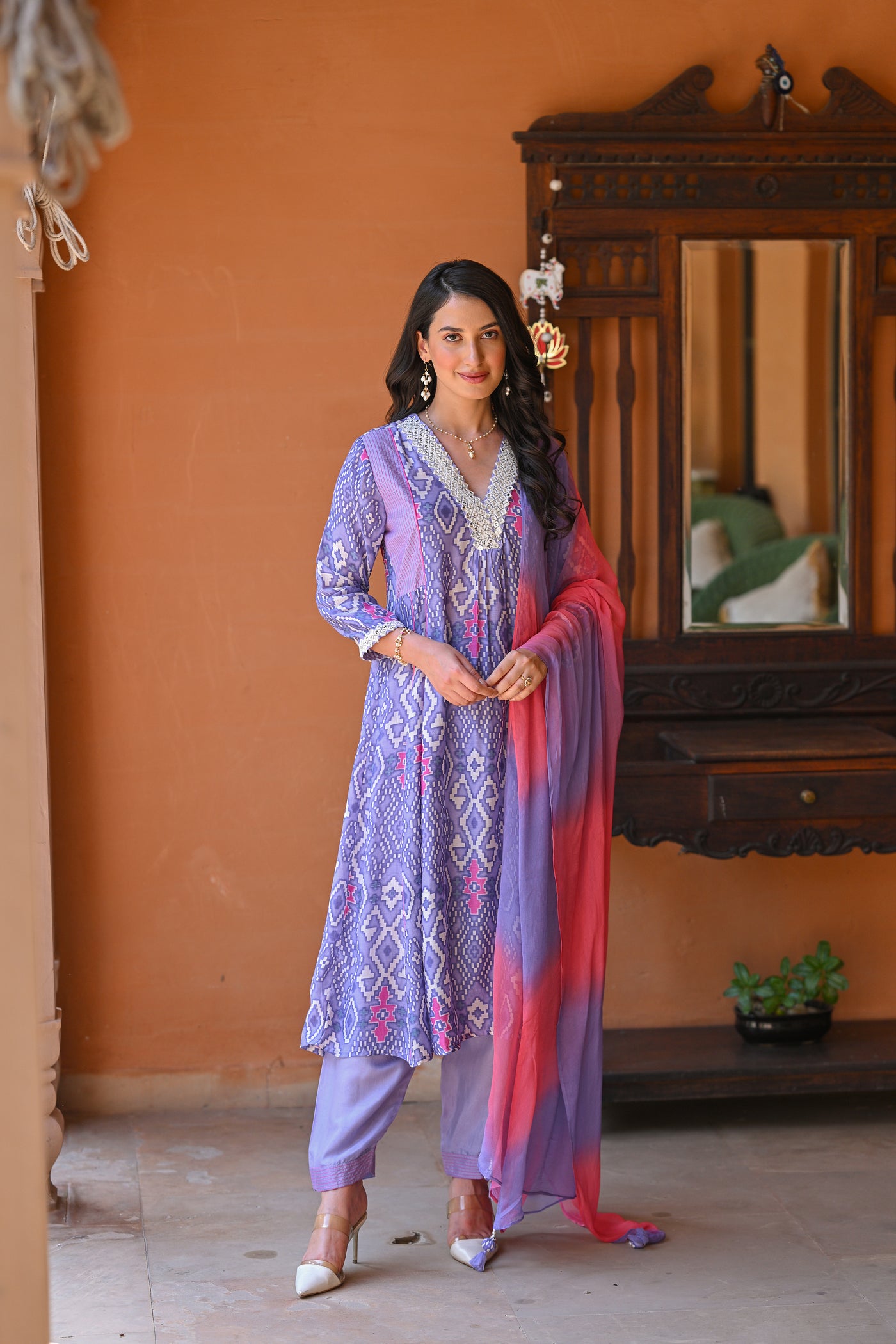 Lavender Pure Muslin Patola Print A line Suit Set with Thread Work on Neck and Shaded Dupatta